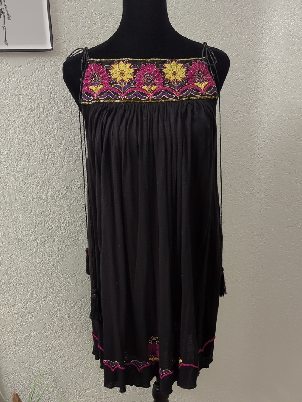 Free People Black Mini Dress with Pink & Yellow Embroidery